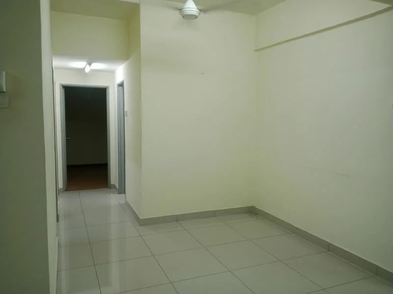 Room features: white painted walls, tile flooring, ceiling fan, recessed lighting, two doorways, neutral color scheme.