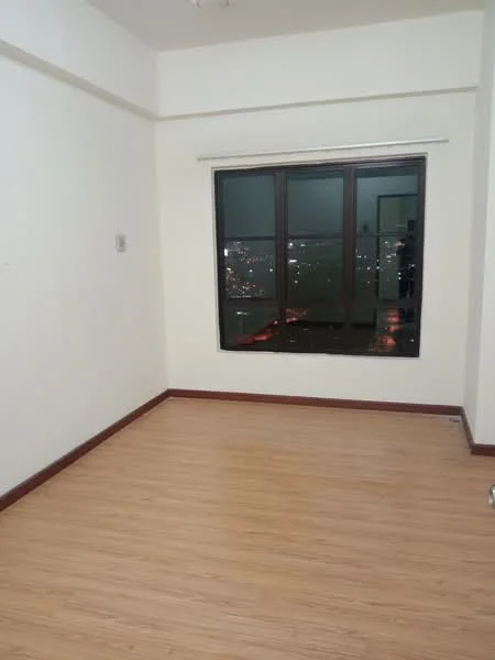 Room features: light wood laminate flooring, white painted walls, large window with city view, horizontal blinds, no visible furniture, minimalist decor, ceiling light fixture; style: modern; view: city.