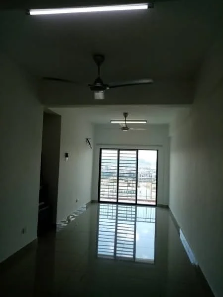 Living features: white painted walls, polished tile flooring, 2 ceiling fans, floor-to-ceiling sliding glass door, balcony access, city view, recessed lighting; style: modern; view: city.