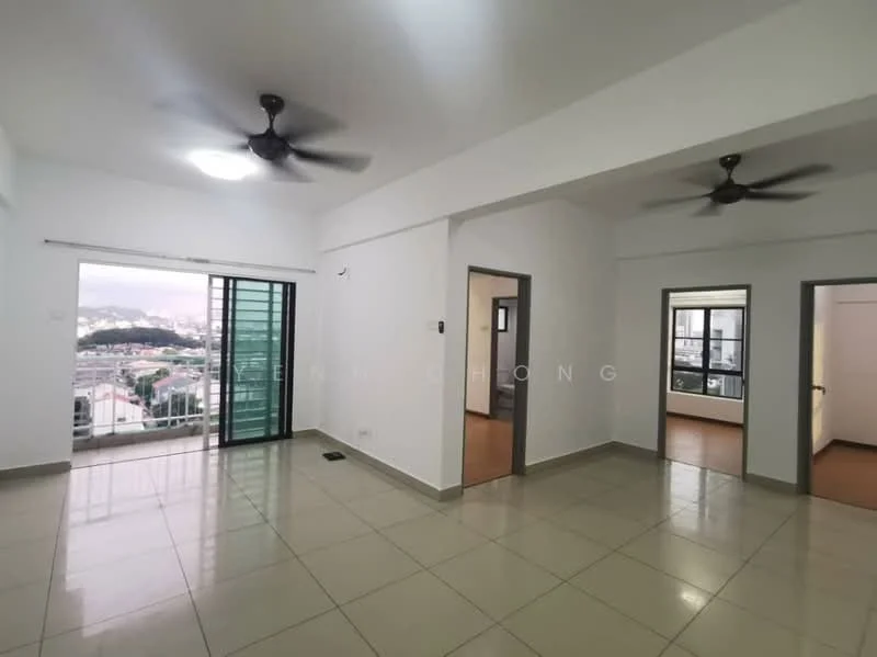 Living features: white painted walls, polished ceramic tile flooring, 5-blade ceiling fan with light, floor-to-ceiling windows, sliding glass door, city view, recessed lighting, open layout; style: modern; view: city. Room features: white painted walls, polished ceramic tile flooring, 5-blade ceiling fan, doorway to adjacent rooms.