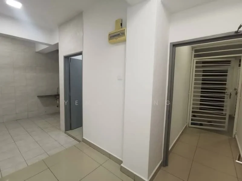 Room features: white painted walls, grey tiled flooring, wall-mounted air conditioning unit, doorway with security grille, light ceiling, neutral color scheme, corner wall with tile cladding; style: modern.