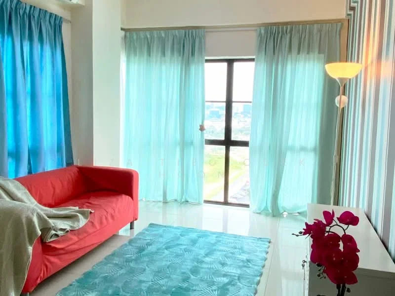 Living features: red fabric sofa, light blue area rug, floor-to-ceiling windows, sheer turquoise curtains, white walls, glossy tile flooring, standing lamp, decorative flower arrangement; style: modern; view: city.