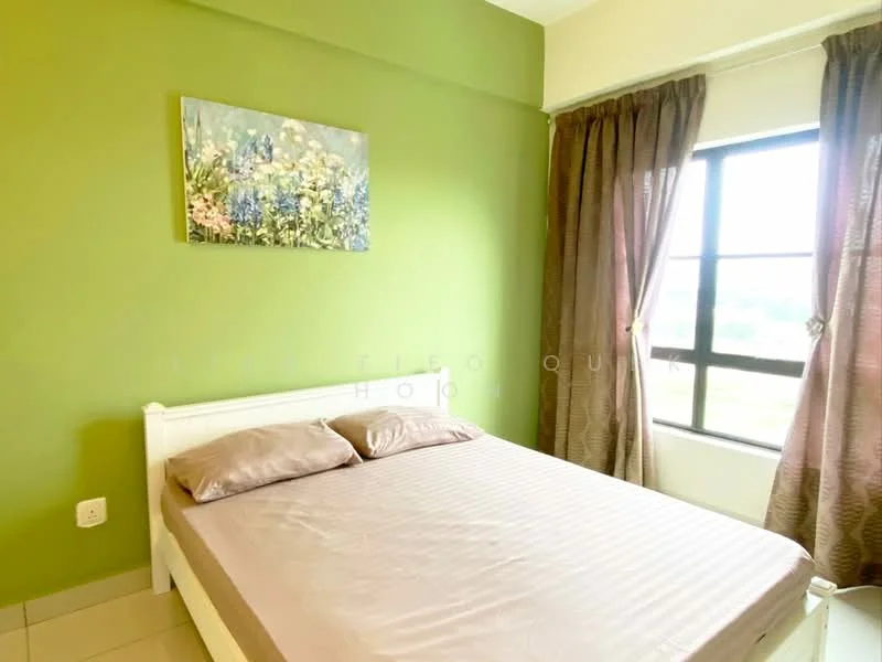 Bedroom features: green painted walls, floor-to-ceiling window, brown curtains, queen-size bed, upholstered headboard, decorative artwork on wall, tile flooring; style: modern; view: garden.