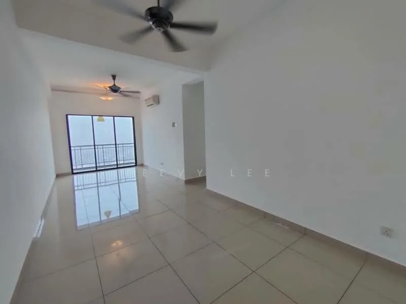 Living features: white painted walls, glossy ceramic tile flooring, 2 ceiling fans, 1 wall-mounted split AC, floor-to-ceiling windows, sliding glass door, balcony access, neutral color scheme; style: modern; view: city.