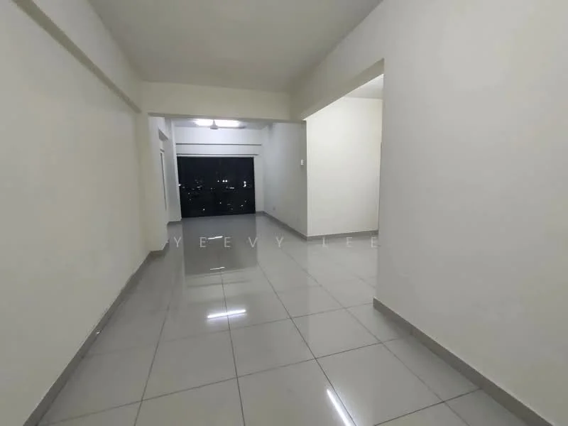 Room features: white painted walls, glossy grey tile flooring, recessed downlights, large window with city view, open layout, neutral color scheme, smooth ceiling, no visible furniture; style: modern; view: city.