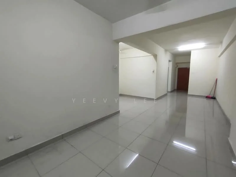 Room features: white painted walls, glossy ceramic tile flooring, recessed ceiling lights, open layout, neutral color scheme, doorway leading to another room, clean and uncluttered space; style: modern.