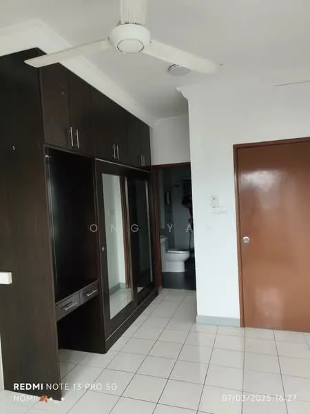 Room features: white painted walls, ceramic tile flooring, ceiling fan, built-in wardrobe with sliding mirror doors, wood cabinetry, door leading to bathroom, light switch, window, neutral color scheme; style: modern.