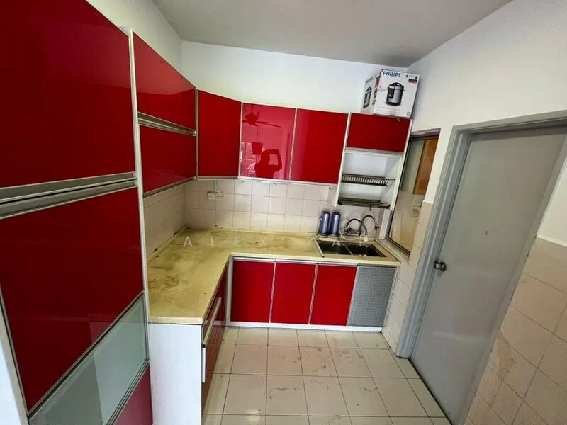Kitchen features: red laminate cabinetry, stainless-steel sink, chrome pull-down faucet, granite countertop, tile backsplash, built-in oven, freestanding range oven, microwave, refrigerator, ceramic tile flooring, white tiled walls, open shelving, kitchen island; style: modern.