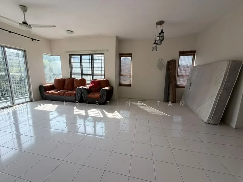 Living features: 3-seater fabric sofa in orange, floor-to-ceiling windows, white painted walls, white tiled flooring, ceiling fan, hanging pendant light, roller blinds, decorative mirror, area rug, natural light from windows; style: modern; view: city.