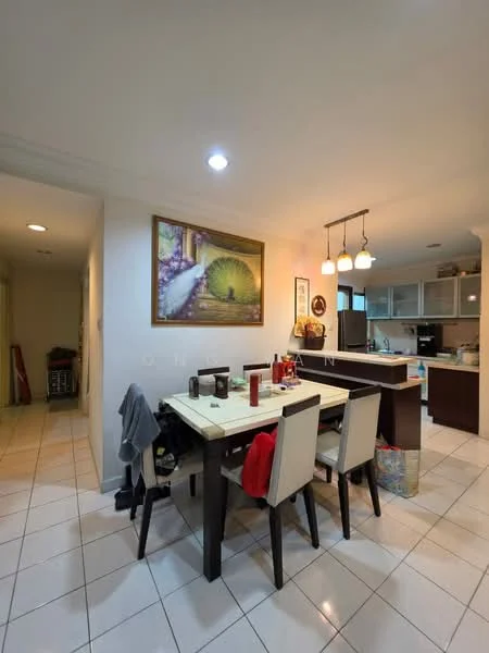 Dining features: dining table with four chairs, pendant lighting with three bulbs, white walls, tile flooring, framed artwork on wall, open kitchen layout, kitchen cabinetry visible in background, countertop with bar seating, decorative items on table; style: modern. Room features: hallway leading to other rooms, additional lighting fixtures.