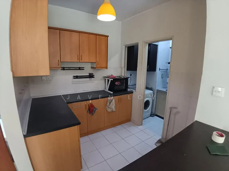 Kitchen features: wood cabinetry, black countertop, white tiled backsplash, stainless-steel sink, single-bowl sink, built-in microwave, freestanding washing machine, tile flooring, recessed lighting, doorway to utility area; style: modern.