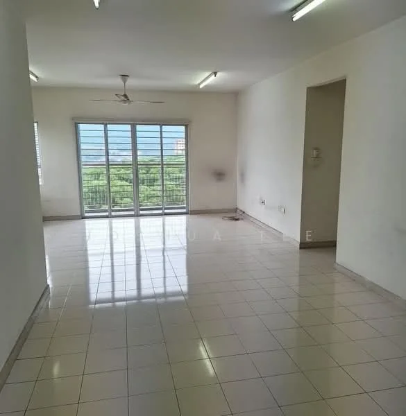 Living features: white painted walls, glossy ceramic tile flooring, ceiling fan, large sliding glass door, floor-to-ceiling windows, natural light, balcony access, neutral color scheme; style: modern; view: garden.
