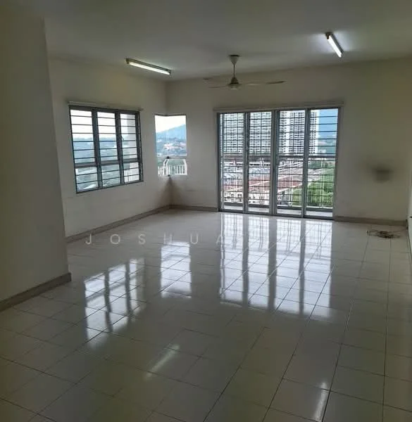 Room features: white painted walls, glossy ceramic tile flooring, ceiling fan, floor-to-ceiling windows, city view, natural light, neutral color scheme, no visible furniture; style: modern; view: city.