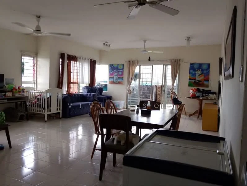 Living features: white painted walls, glossy tile flooring, 2 ceiling fans, sofa in blue fabric, wooden dining table with chairs, framed artwork on walls, window treatments with sheer curtains, sliding glass door, balcony view, baby crib, storage cabinet, decorative items on shelves; style: contemporary; view: city.