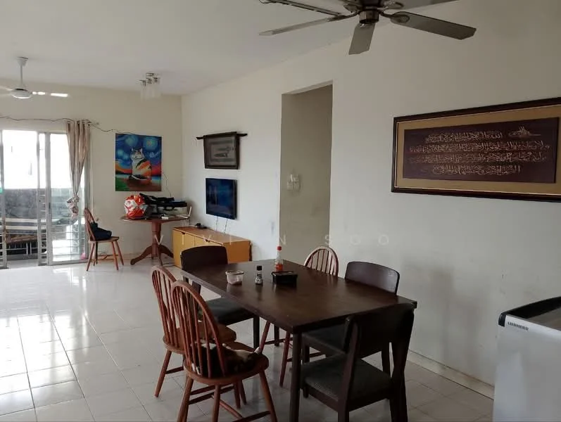 Dining features: dining table with four wooden chairs, ceiling fan, wall-mounted TV, cream painted walls, tile flooring, large window with sheer curtains, decorative wall art, sideboard cabinet, open layout to living area; style: modern; view: city. Living features: sofa chair, coffee table, floor-to-ceiling window, sliding glass door leading to balcony; style: modern; view: city.