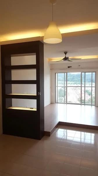 Living features: floor-to-ceiling windows, city view, 5-blade ceiling fan, recessed LED downlights, light pendant, built-in shelving unit, cream painted walls, tile flooring; style: modern.
