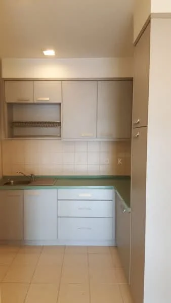Kitchen features: grey cabinetry, green countertop, single-bowl stainless-steel sink, chrome faucet, tile backsplash, built-in oven, stove with 4 burners, upper cabinets with glass doors, lower cabinets with drawers, neutral tile flooring, recessed lighting; style: modern.