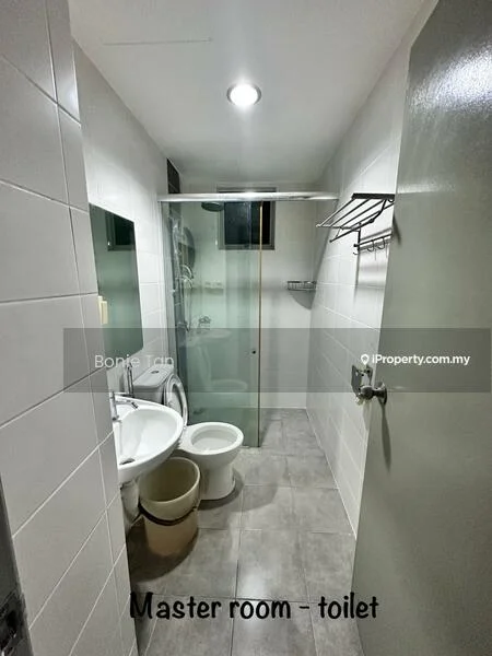 Bathroom features: white tiled walls, grey tile flooring, glass shower enclosure, single-sink vanity with white cabinet, chrome basin mixer faucet, one-piece toilet, mirror above sink, towel rack, shower head, recessed downlight; style: modern.