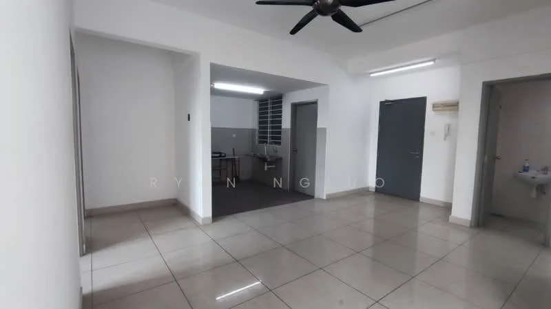 Room features: white painted walls, glossy ceramic tile flooring, 5-blade ceiling fan, recessed LED downlights, large windows, open layout, doorway leading to another room, doorway leading to bathroom, kitchen area visible in background; style: modern.