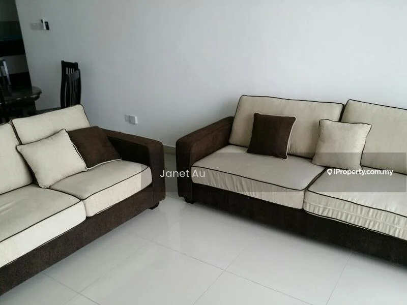 Living features: L-shape sectional sofa in beige and brown, decorative cushions, white walls, glossy white tile flooring, floor-to-ceiling windows, minimalist decor; style: modern.