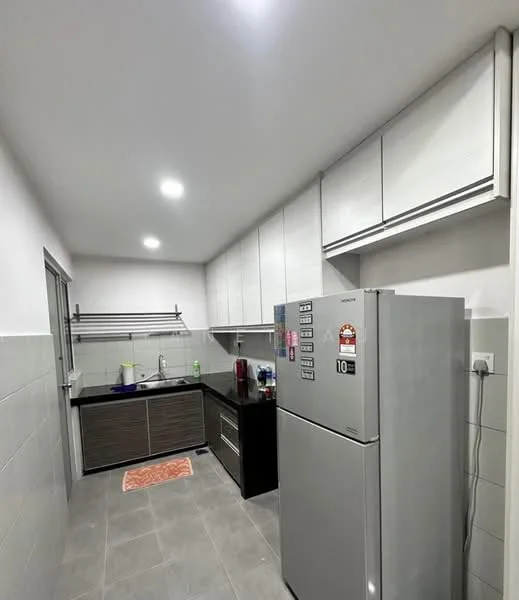 Kitchen features: white painted walls, grey ceramic tile flooring, recessed LED downlights, single-bowl stainless-steel sink, chrome pull-down faucet, black countertop, dark wood cabinetry, stainless-steel fridge, built-in oven, open shelving, dish rack, kitchen towel, kitchen utensils; style: modern.