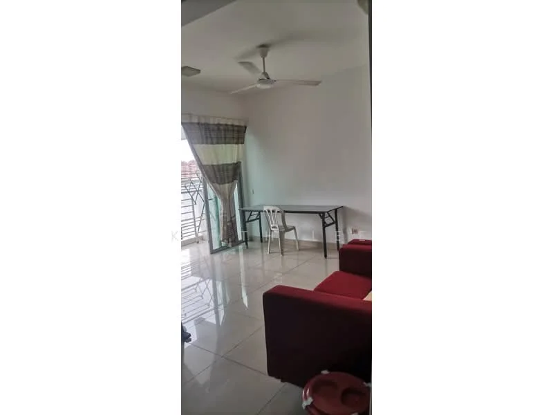 Living features: red fabric sofa, white walls, glossy tile flooring, ceiling fan, dining table with chairs, curtains, floor-to-ceiling windows, balcony access; style: modern.