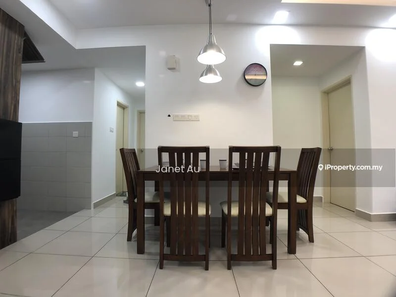 Dining features: 6-seater dining table, wooden dining chairs, pendant light fixture, white walls, tile flooring, recessed ceiling lights, wall-mounted decor, open layout to adjacent room; style: modern. Room features: white walls, tile flooring, doorway to adjacent room.
