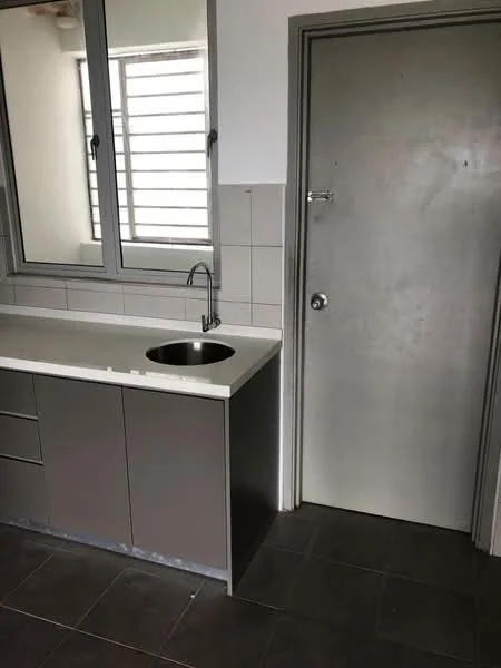 Kitchen features: single-bowl stainless-steel sink, chrome pull-down faucet, grey cabinetry, white countertop, tile backsplash, grey tile flooring, window with horizontal slats, door to adjacent room; style: modern.