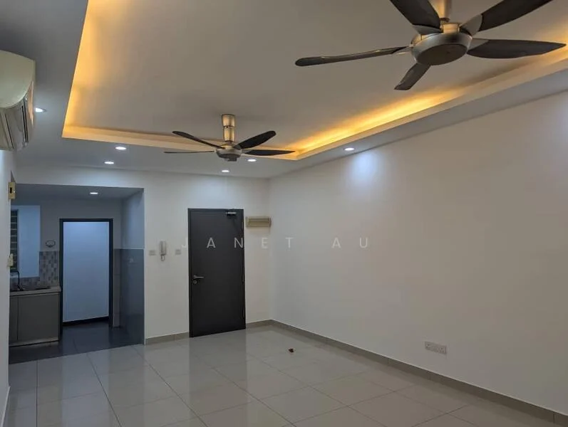 Living features: white painted walls, recessed ceiling with LED lights, 2 ceiling fans, grey tiled flooring, air conditioning unit, door, open layout, no visible furniture; style: modern.