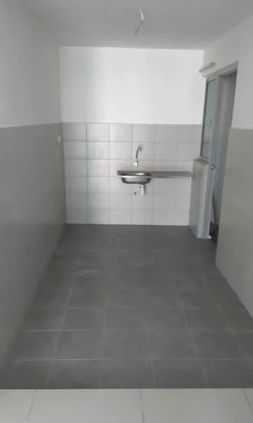 Laundry features: grey ceramic tile flooring, white painted walls, stainless-steel sink, wall-mounted faucet, countertop with backsplash, sliding glass door, window, light fixture; style: modern.