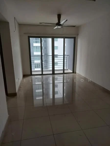 Living features: large sliding glass door, floor-to-ceiling windows, white painted walls, cream tiled flooring, 5-blade ceiling fan, balcony view, natural light, open layout; style: modern; view: city.