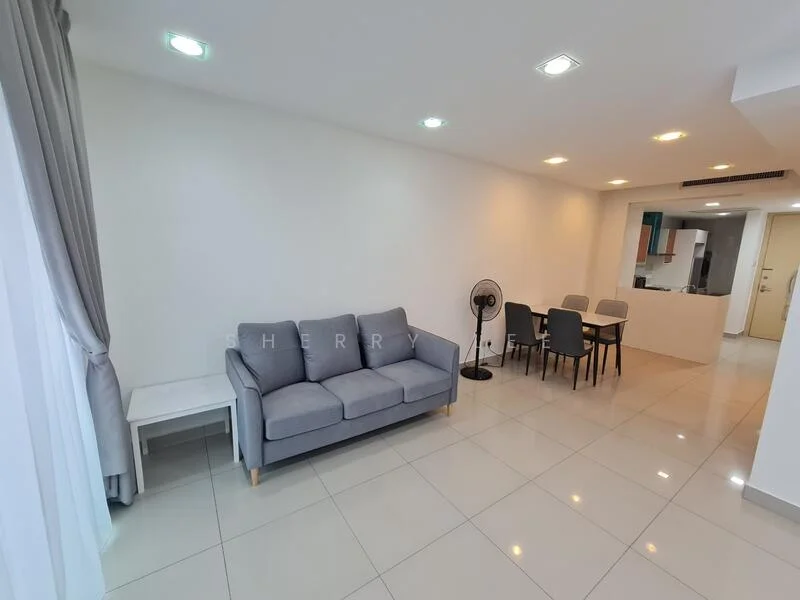 Living features: grey fabric 3-seater sofa, white side table, dining table for 6, black dining chairs, white walls, recessed ceiling lights, large windows with sheer curtains, glossy tile flooring, ceiling fan; style: modern.