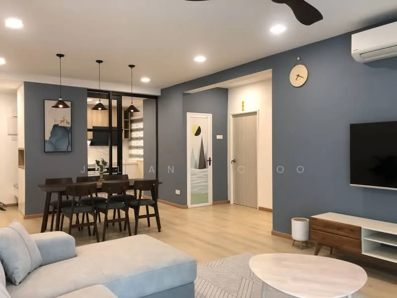 Living features: light grey fabric sofa, area rug with geometric pattern, wall-mounted TV, wooden TV console, ceiling fan with light, recessed LED downlights, decorative wall clock, light wood flooring, feature wall in blue, open-plan layout with dining area, dining table with 6 chairs, pendant lighting above dining table; style: modern. Dining features: dining table with 6 wooden chairs, pendant lighting above dining table, light wood flooring, open-plan layout with living area; style: modern. Room features: white painted walls, door with decorative panel, kitchen area visible in background.