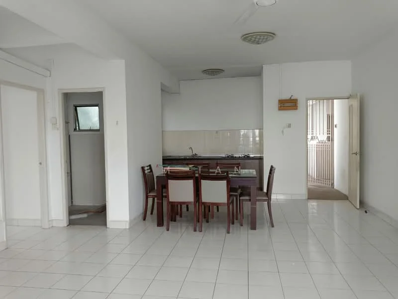 Dining features: white painted walls, white tiled flooring, dining table with 6 chairs, kitchen area visible in background, ceiling lights, doorway leading to hallway, window with natural light, open layout; style: modern. Kitchen features: kitchen counter, kitchen cabinets, sink, stove, white backsplash; style: modern. Room features: doorway leading to hallway, door leading outside.