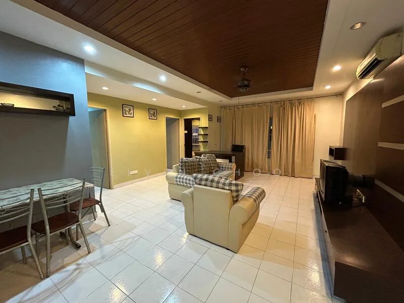 Living features: white tiled flooring, wooden ceiling with recessed lighting, 2-seater fabric sofa in cream, 3-seater fabric sofa with checkered pattern, coffee table, TV console, wall-mounted TV, curtains, air conditioning unit, decorative wall panel, shelving unit, dining table with 4 chairs; style: contemporary.