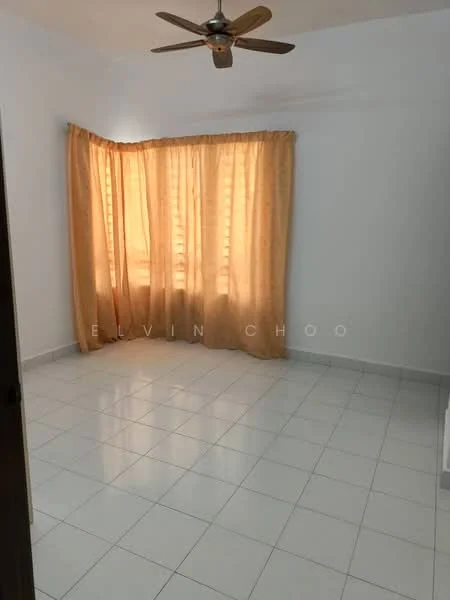 Room features: white painted walls, white tiled flooring, 5-blade ceiling fan, curtains in light orange, large window, natural light; style: minimalist.