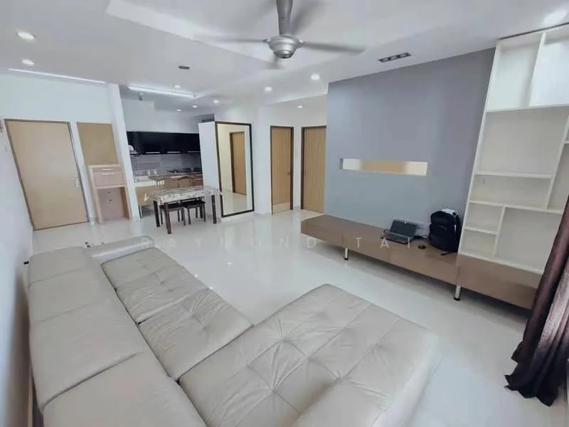 Living features: L-shape sectional sofa in light grey, coffee table with glass top, wall-mounted TV, TV console in light wood, recessed downlights, 5-blade ceiling fan with light, cream painted walls, white tiled flooring, large windows with sheer curtains, decorative wall with grey accent, built-in shelving unit; style: modern. Dining features: 6-seater dining table, wooden dining chairs, open layout to living area; style: modern.
