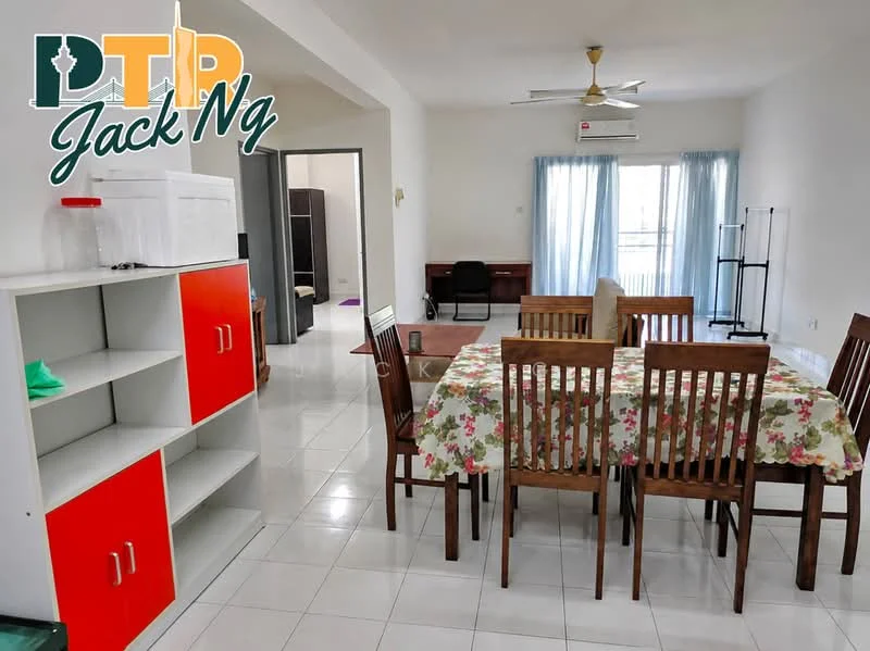 Dining features: dining table with floral tablecloth, 8 wooden dining chairs, white tiled flooring, ceiling fan, large window with sheer curtains, air conditioning unit, open layout to living area, wall-mounted shelving unit with red and white cabinetry; style: modern. Living features: sofa set visible in background, desk and chair visible in background, white walls, natural light from window; style: modern.