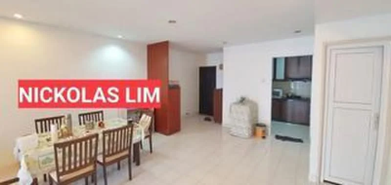 Dining features: dining table with 6 chairs, white tablecloth, cream tiled flooring, white painted walls, recessed ceiling lights, open layout to kitchen, wooden cabinetry in background, kitchen counter visible, doorway leading to another room; style: modern. Room features: cream tiled flooring, white painted walls, recessed ceiling lights.