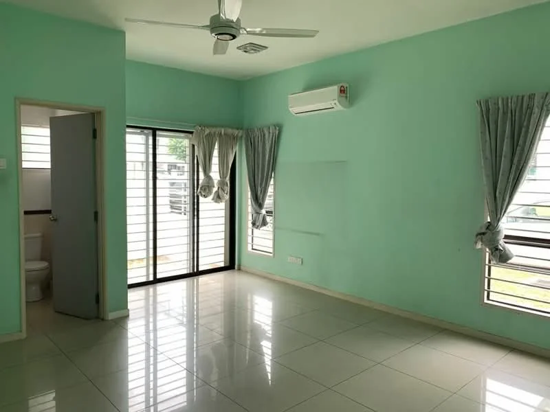 Room features: light green painted walls, white tiled flooring, 5-blade ceiling fan with light, 1 wall-mounted split AC, sliding glass door, floor-to-ceiling windows, sheer curtains, window with horizontal grilles; style: modern; view: garden.