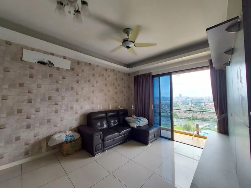 Living features: grey leather sofa, white throw pillow, glass sliding door, floor-to-ceiling windows, city view, cream tiled flooring, textured wallpaper with stone pattern, ceiling fan with light, curtains, TV console, decorative wall panel; style: modern; view: city.