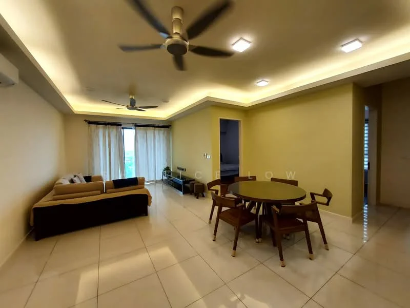 Living features: 3-seater fabric sofa in beige, ceiling fan with light, recessed LED downlights, dining table with 4 wooden chairs, large floor-to-ceiling windows with sheer curtains, cream painted walls, white tiled flooring, decorative ceiling with cove lighting; style: modern; view: city.