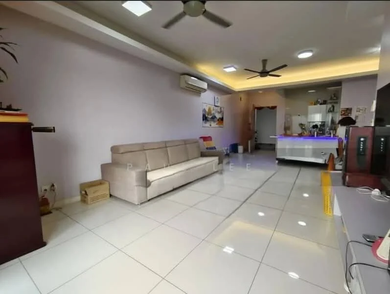 Living features: cream painted walls, glossy white tile flooring, 5-blade ceiling fan with light, recessed downlights, sofa in beige, TV console, wall-mounted TV, open kitchen view, air conditioning unit; style: modern.