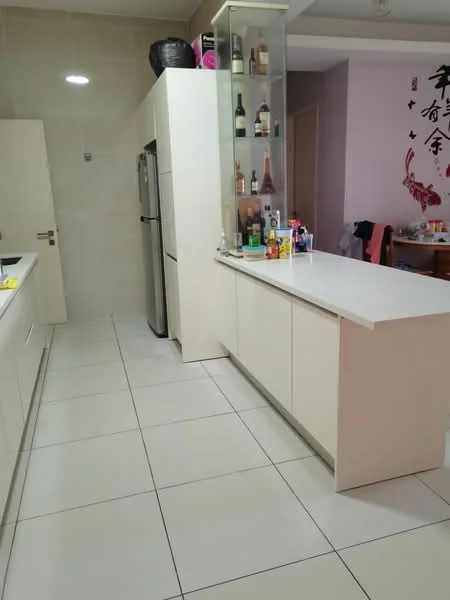 Kitchen features: white cabinetry, marble countertop, stainless-steel fridge, built-in wine rack, ceramic tile flooring, recessed downlights, open shelving, decorative wall art, kitchen island with seating, bar stools, wall-mounted storage, appliances on countertop; style: modern.