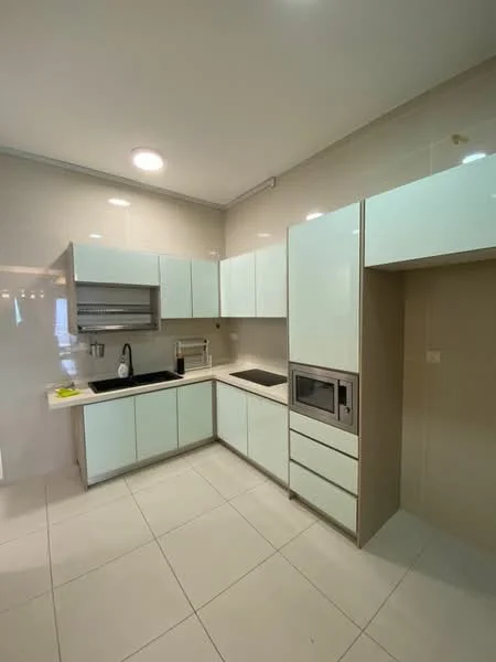 Kitchen features: light green flat-panel cabinets, white countertop, single-bowl stainless-steel sink, chrome pull-down faucet, built-in microwave, ceramic tile flooring, recessed downlights, grey tiled backsplash, kitchen island, integrated cooktop, open shelving, wall-mounted cabinets; style: modern.