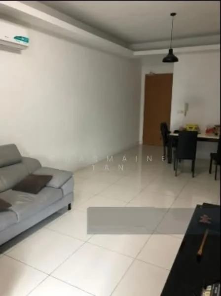 Living features: grey leather sofa, white tiled flooring, white painted walls, ceiling-mounted air conditioning unit, black pendant light, dining table with chairs, wooden door, open space layout; style: modern.
