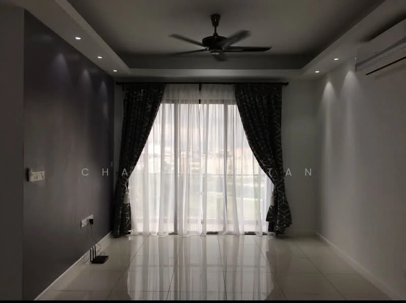 Living features: white painted walls, grey accent wall, recessed downlights, 5-blade ceiling fan with light, floor-to-ceiling windows, sheer curtains, tile flooring, curtains with geometric pattern; style: modern; view: city.