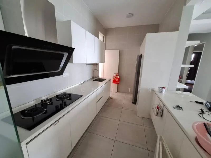 Kitchen features: white cabinetry, black glass cooktop with 2 burners, stainless-steel range hood, single-bowl stainless-steel sink, chrome pull-down faucet, white countertop, grey tiled backsplash, ceramic tile flooring, built-in oven, refrigerator, open shelving, window for natural light; style: modern.