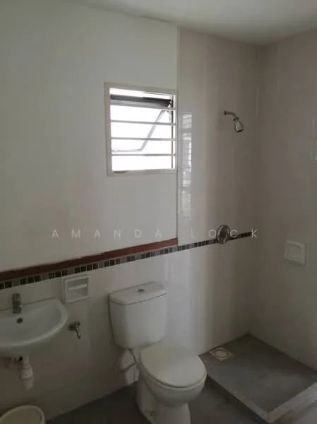 Bathroom features: white tiled walls, grey tiled flooring, single-sink vanity with wall-mounted faucet, one-piece toilet, shower area with handheld shower, window with horizontal slats, tile accent strip, mirror above sink; style: modern.