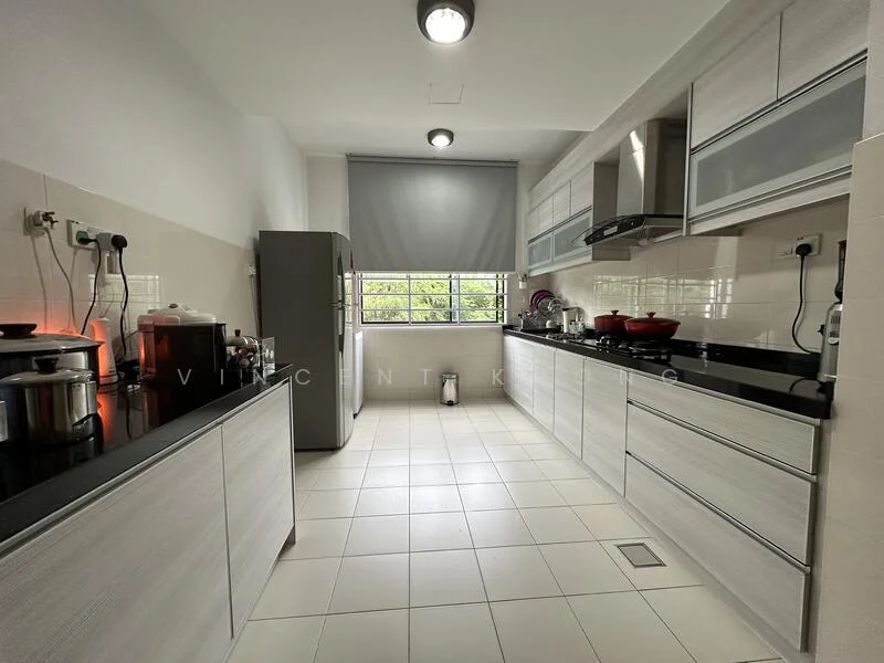 Kitchen features: white laminate cabinetry, black granite countertop, stainless-steel sink, chrome pull-down faucet, built-in oven, stainless-steel range hood, 4-burner gas hob, ceramic tile flooring, recessed downlights, window with roller blinds, microwave, stainless-steel fridge; style: modern; view: garden.